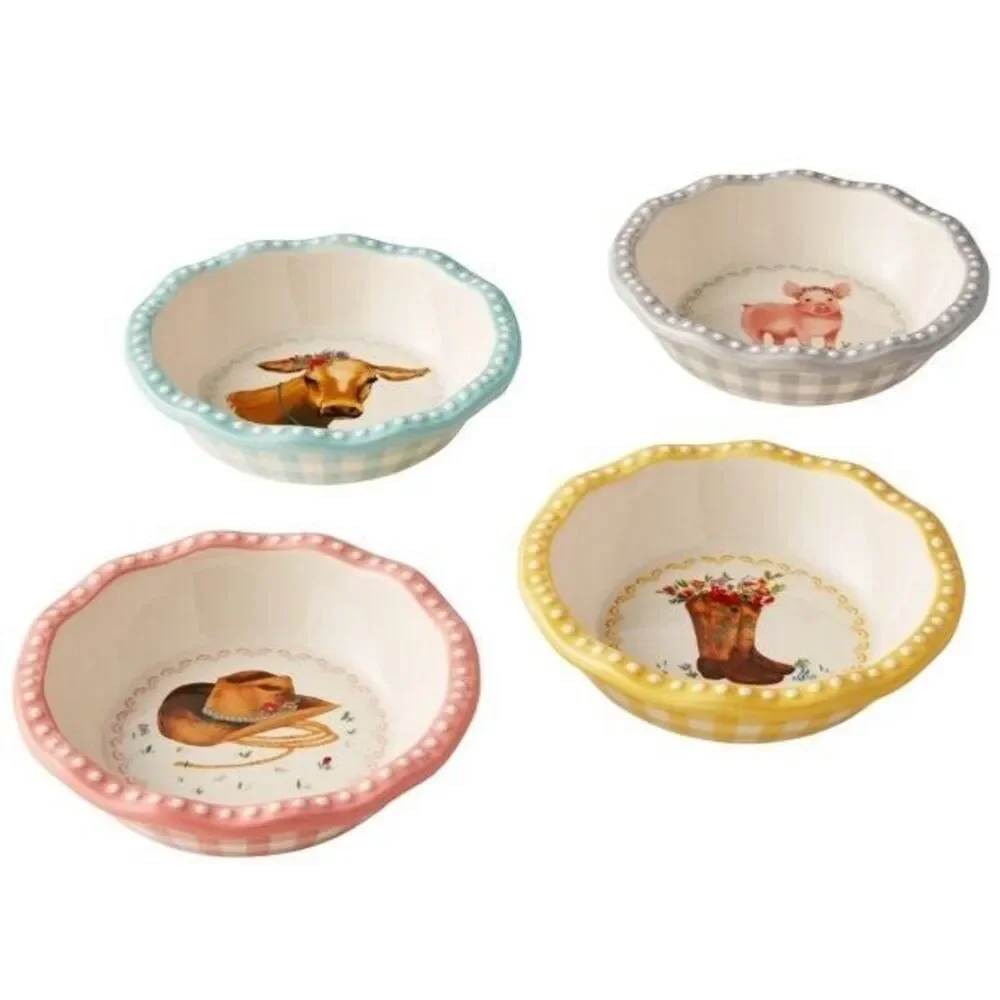 Pioneer Woman Sweet Romance Mini Pie Pans 4Pk GrayYellow Blue Pink Ceramic 4.75